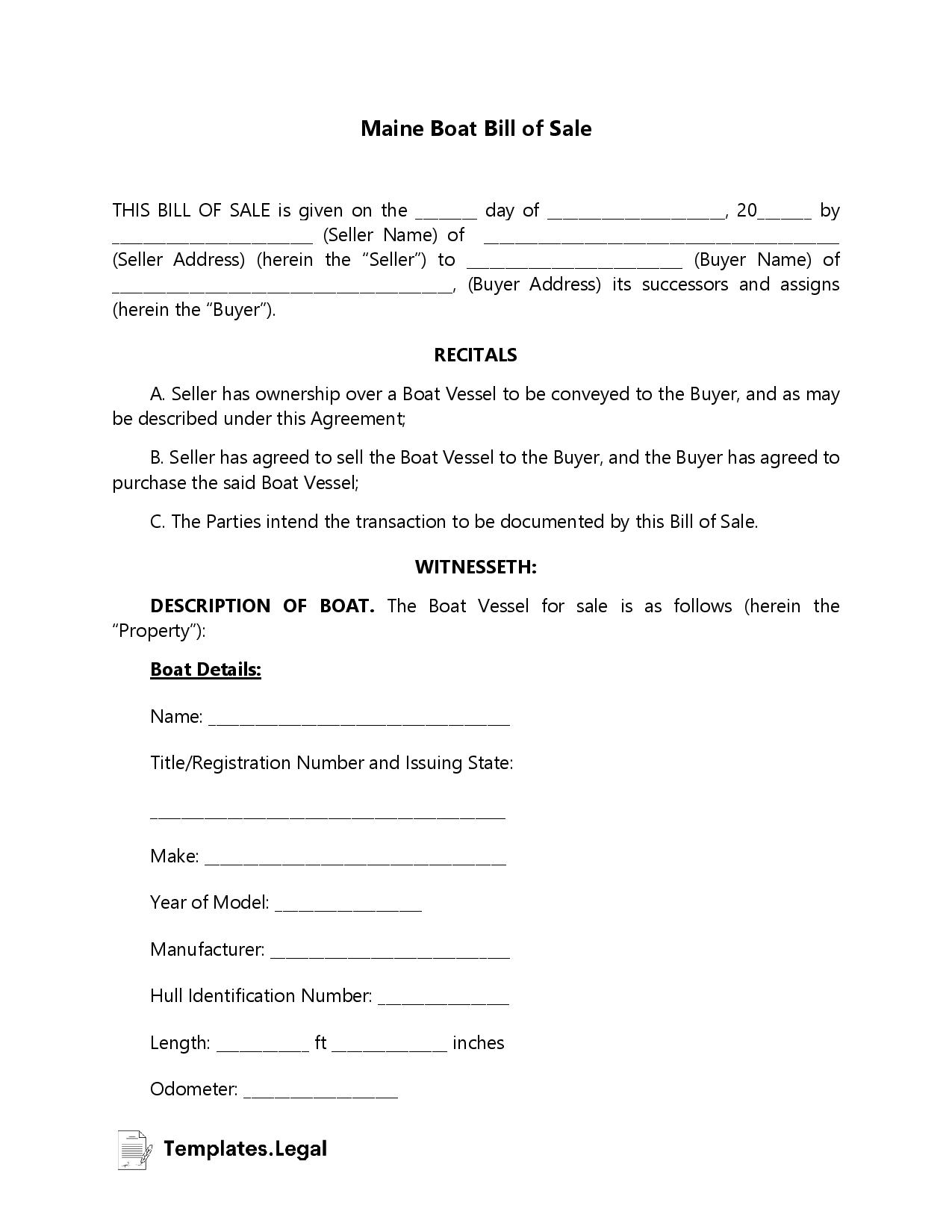 Maine Boat Bill of Sale - Templates.Legal