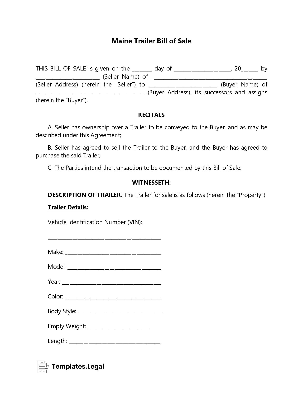 Maine Trailer Bill of Sale - Templates.Legal