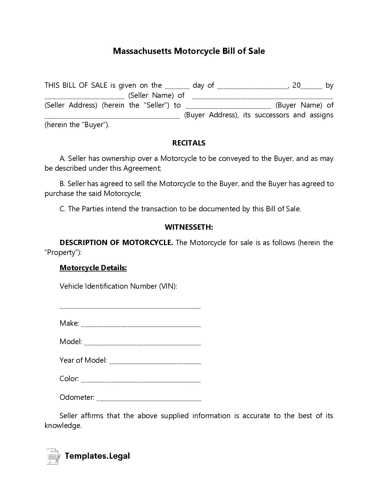 Massachusetts Motorcycle Bill of Sale - Templates.Legal