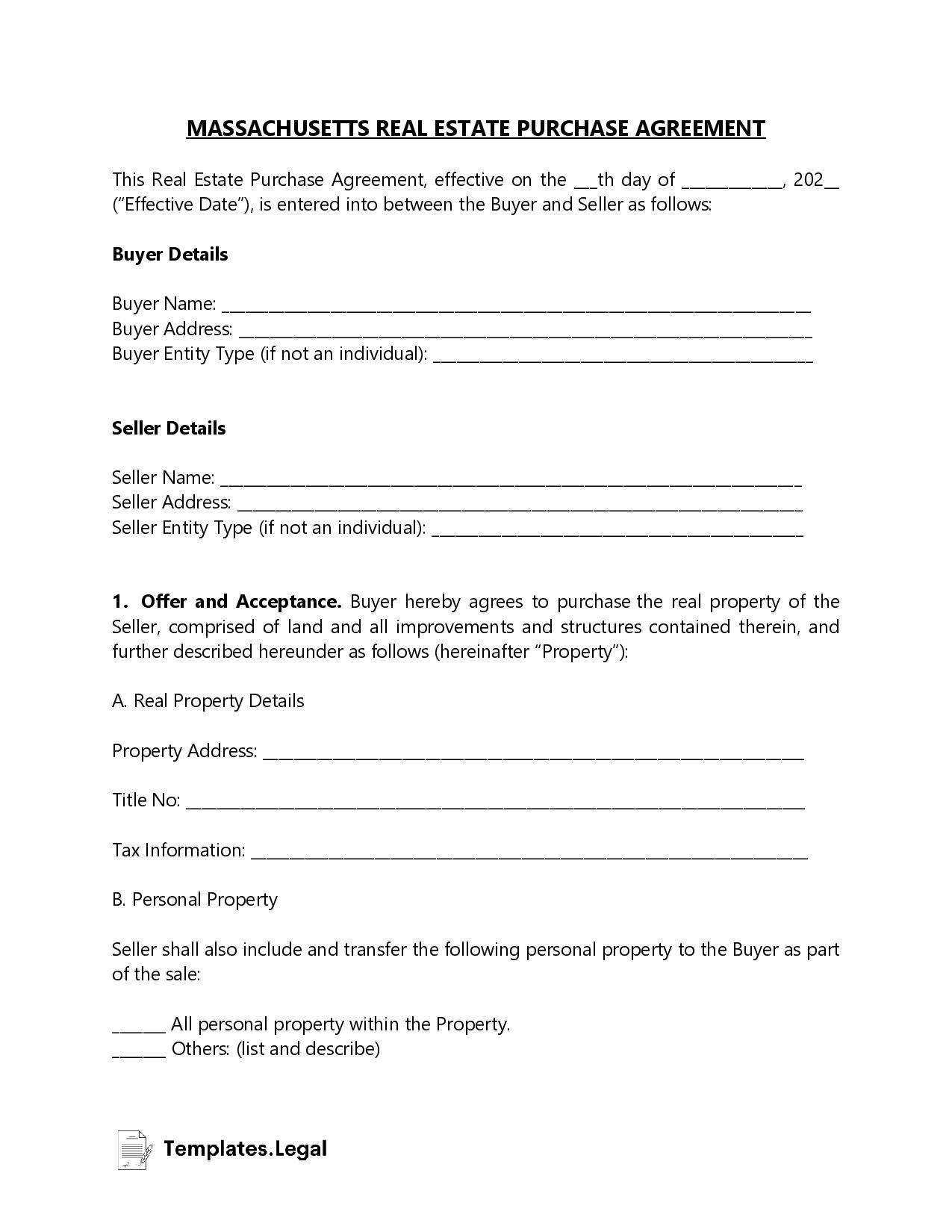 Massachusetts Real Estate Purchase Agreement - Templates.Legal