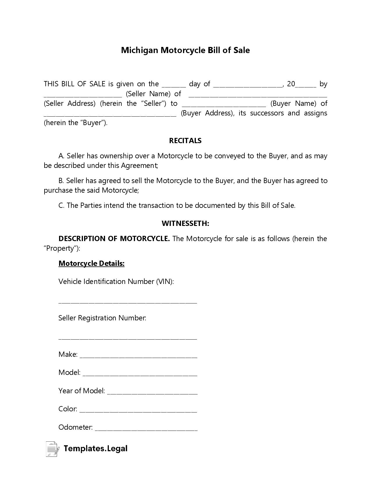 Michigan Motorcycle Bill of Sale - Templates.Legal