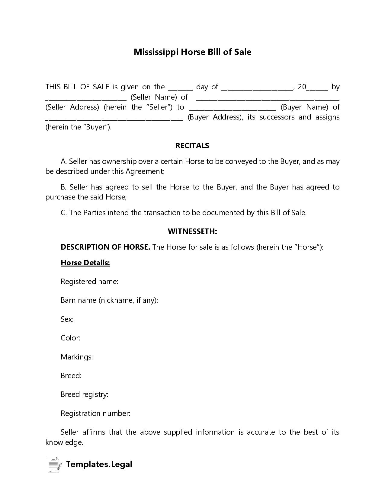 Mississippi Horse Bill of Sale - Templates.Legal