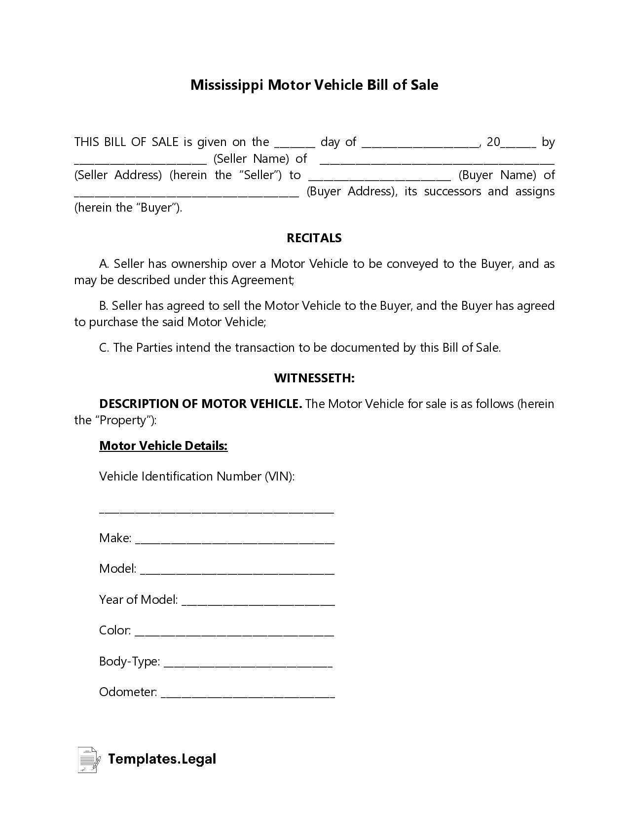 Mississippi Motor Vehicle Bill of Sale - Templates.Legal