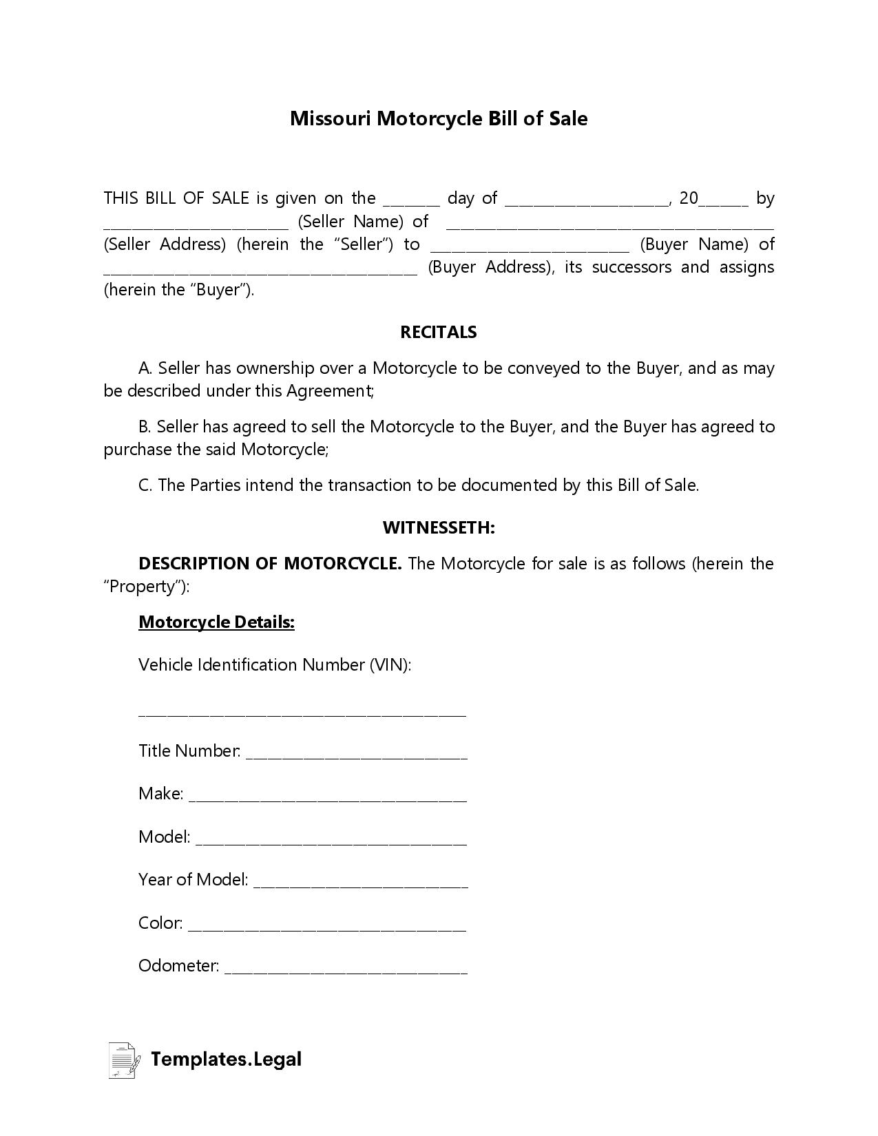 Missouri Motorcycle Bill of Sale - Templates.Legal