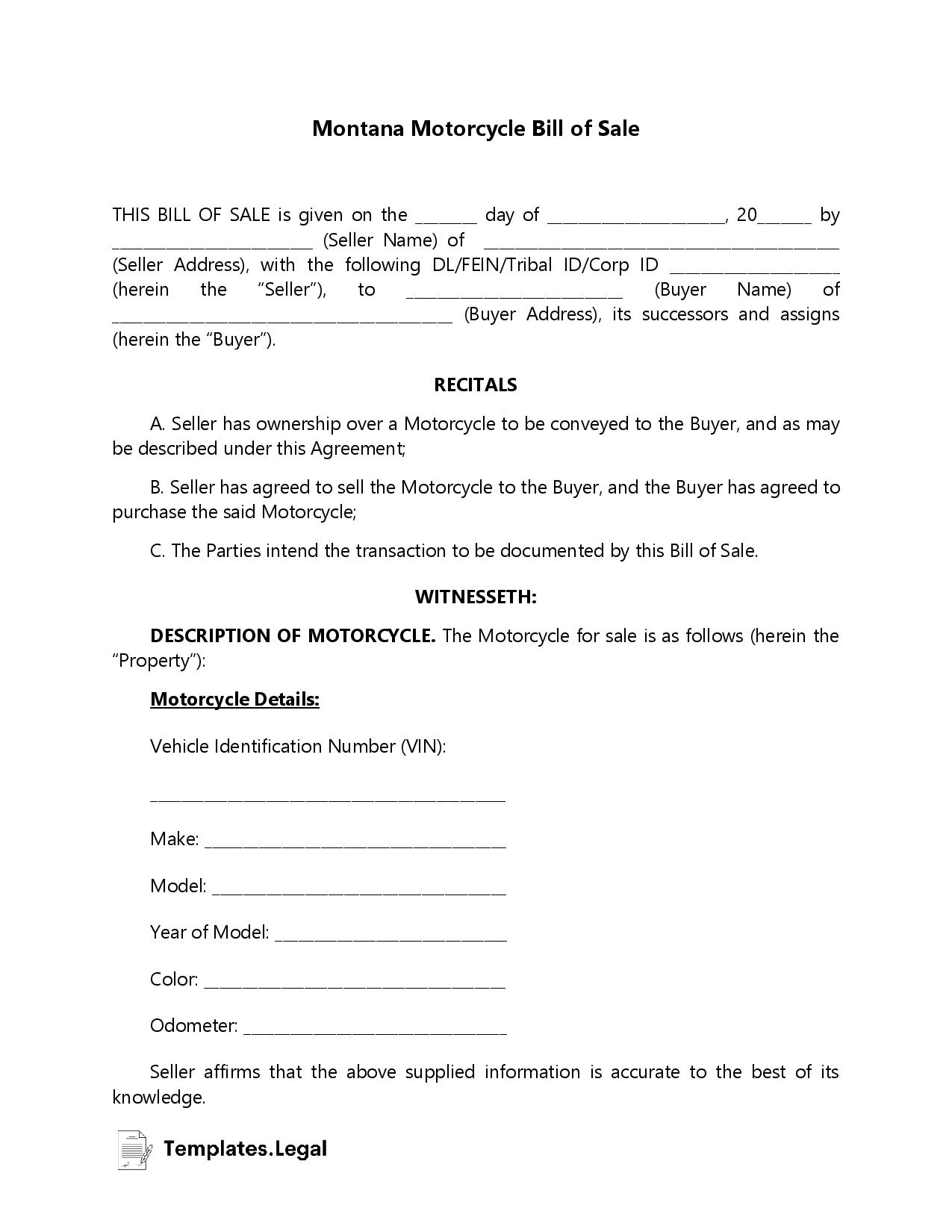 Montana Motorcycle Bill of Sale - Templates.Legal