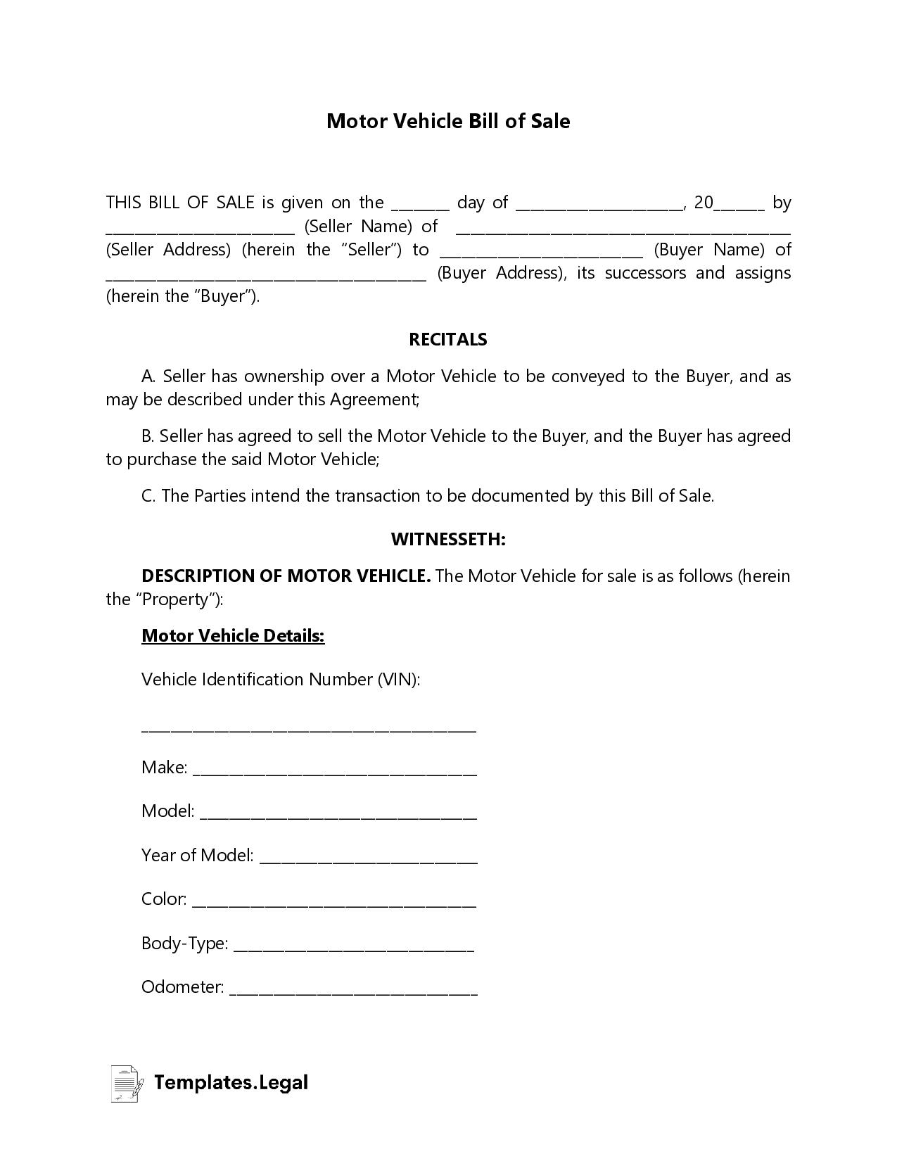 Motor Vehicle Bill of Sale - Templates.Legal