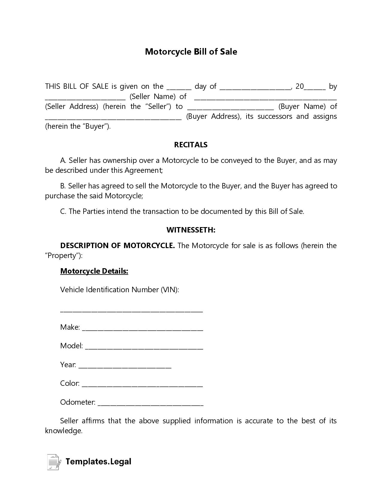 Motorcycle Bill of Sale - Templates.Legal