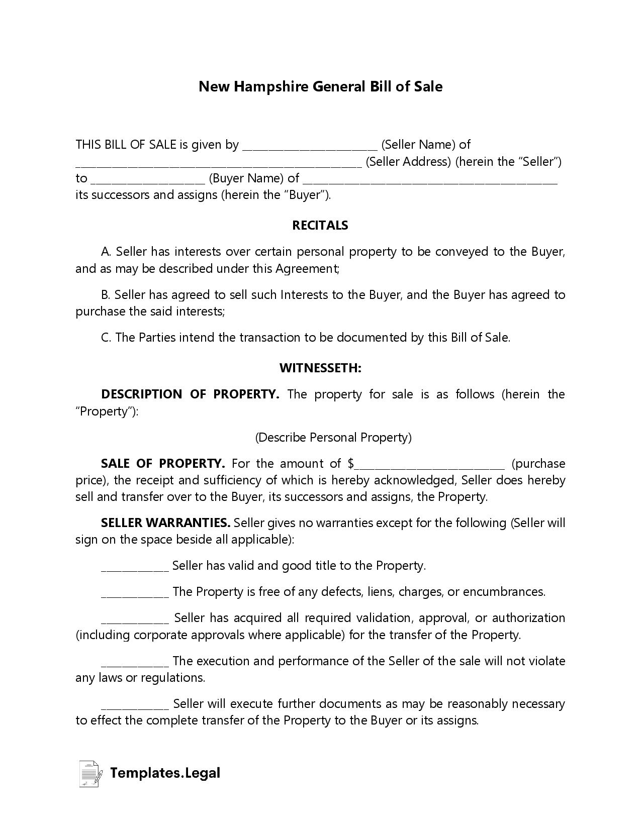 New Hampshire General Bill of Sale - Templates.Legal