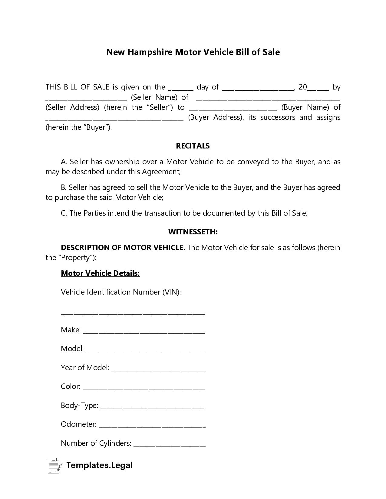 New Hampshire Motor Vehicle Bill of Sale - Templates.Legal