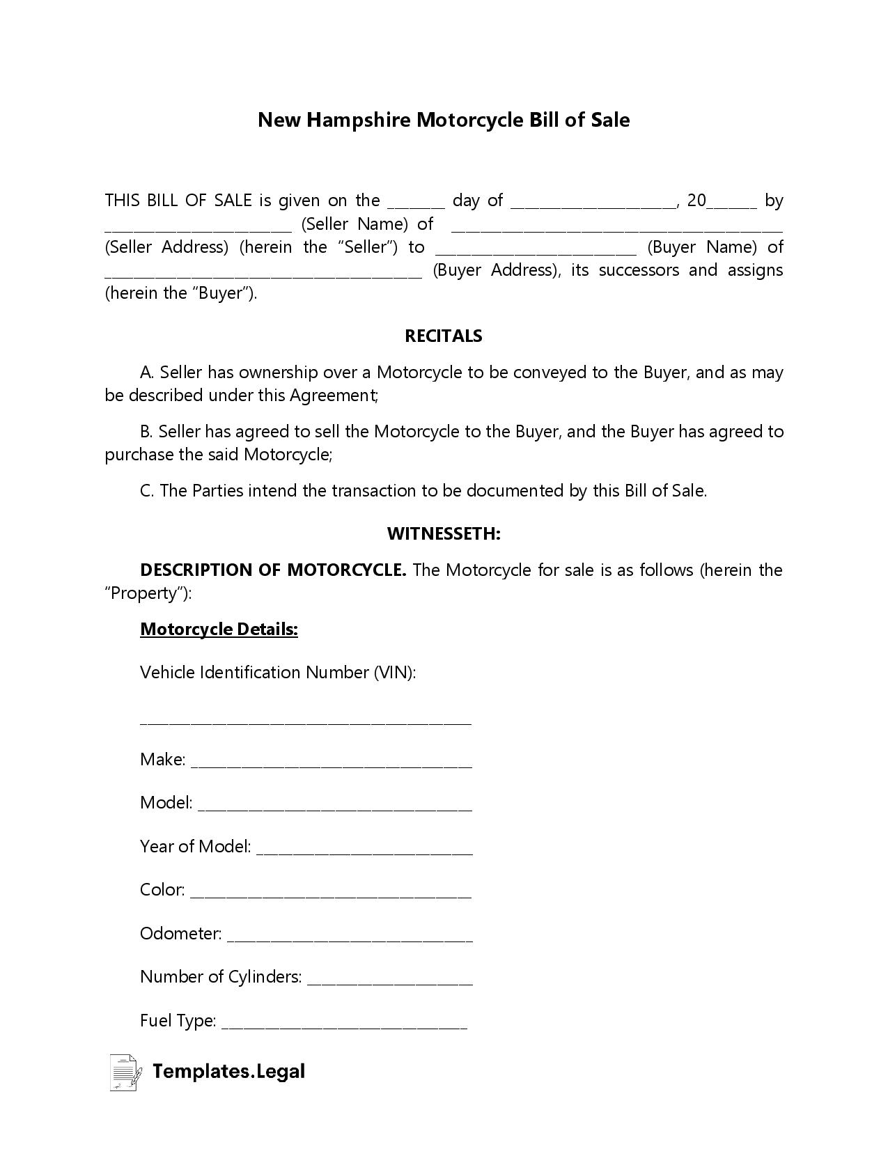 New Hampshire Motorcycle Bill of Sale - Templates.Legal