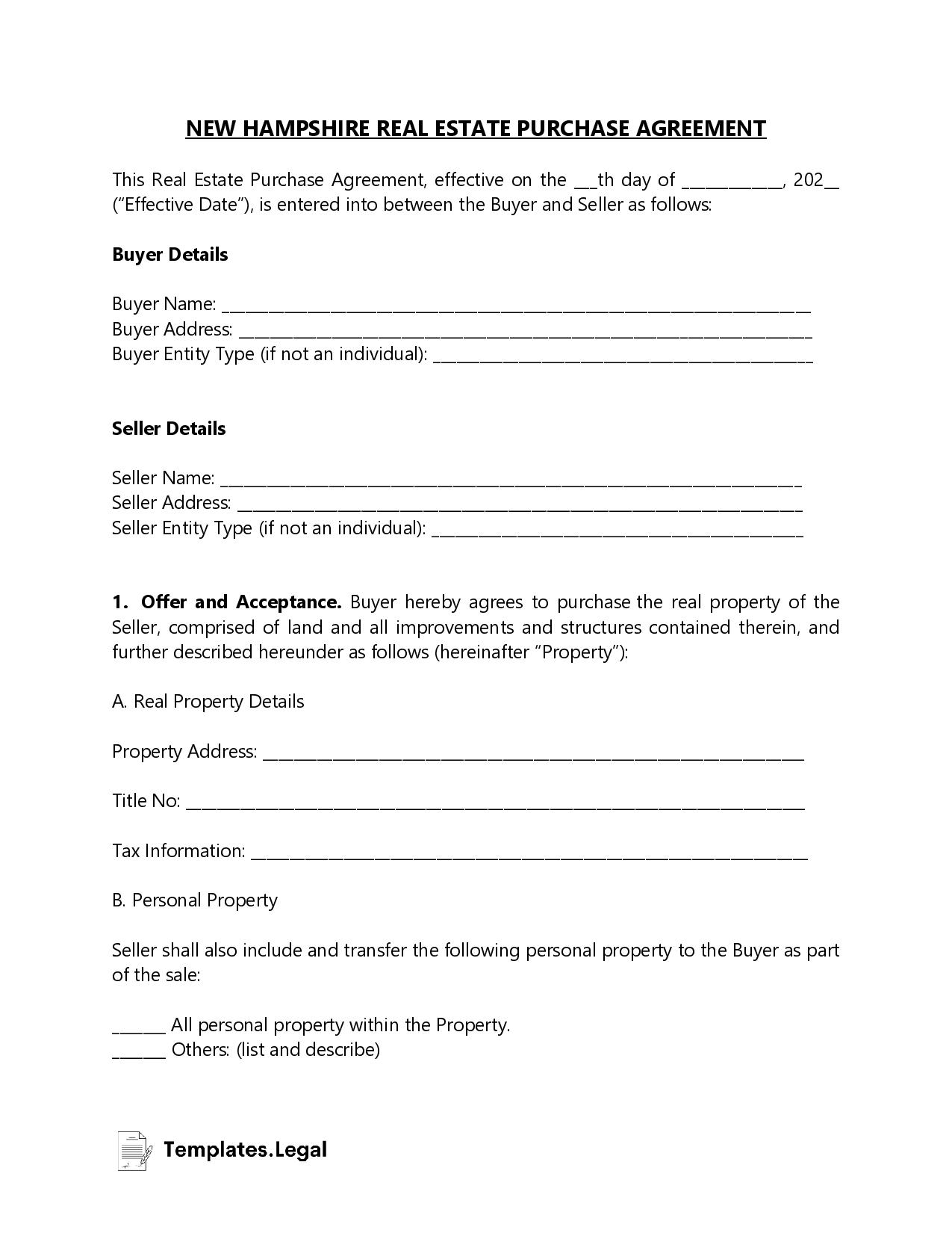 New Hampshire Real Estate Purchase Agreement - Templates.Legal