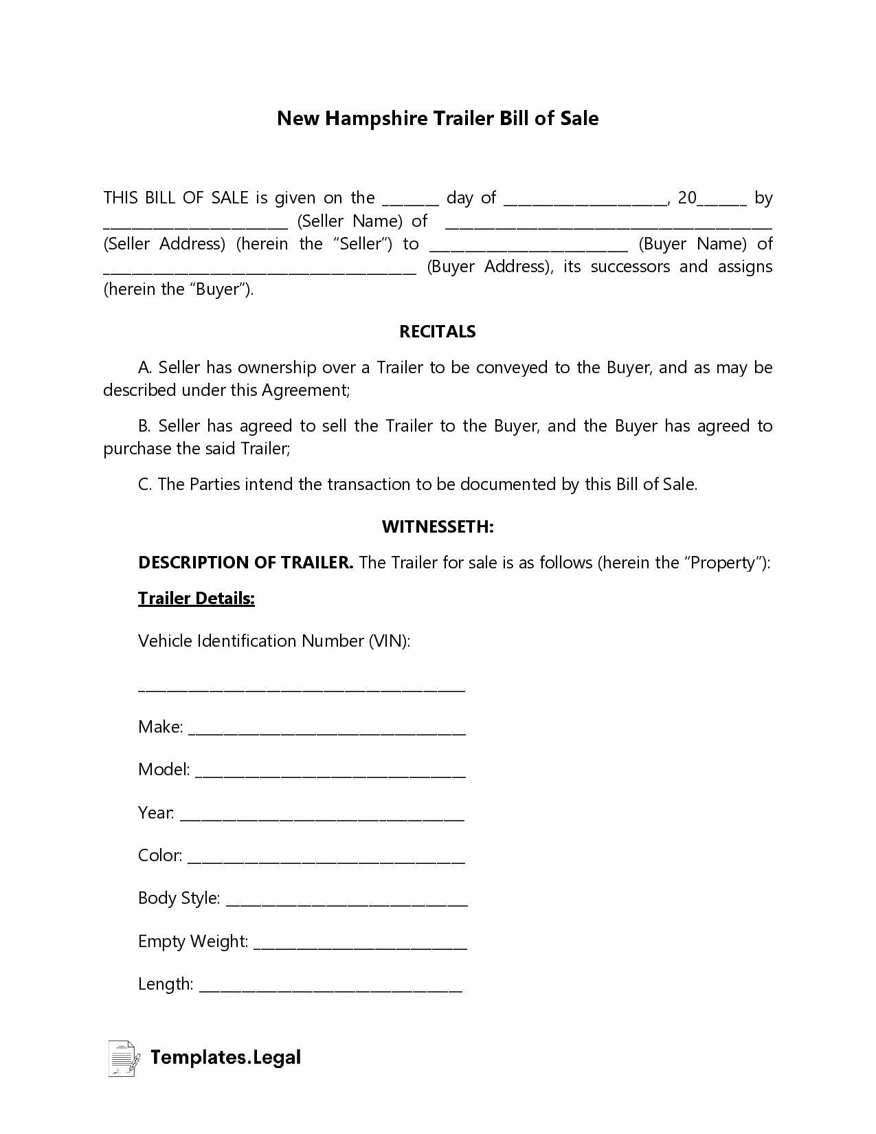 New Hampshire Bill Of Sale Templates Free Word PDF ODT