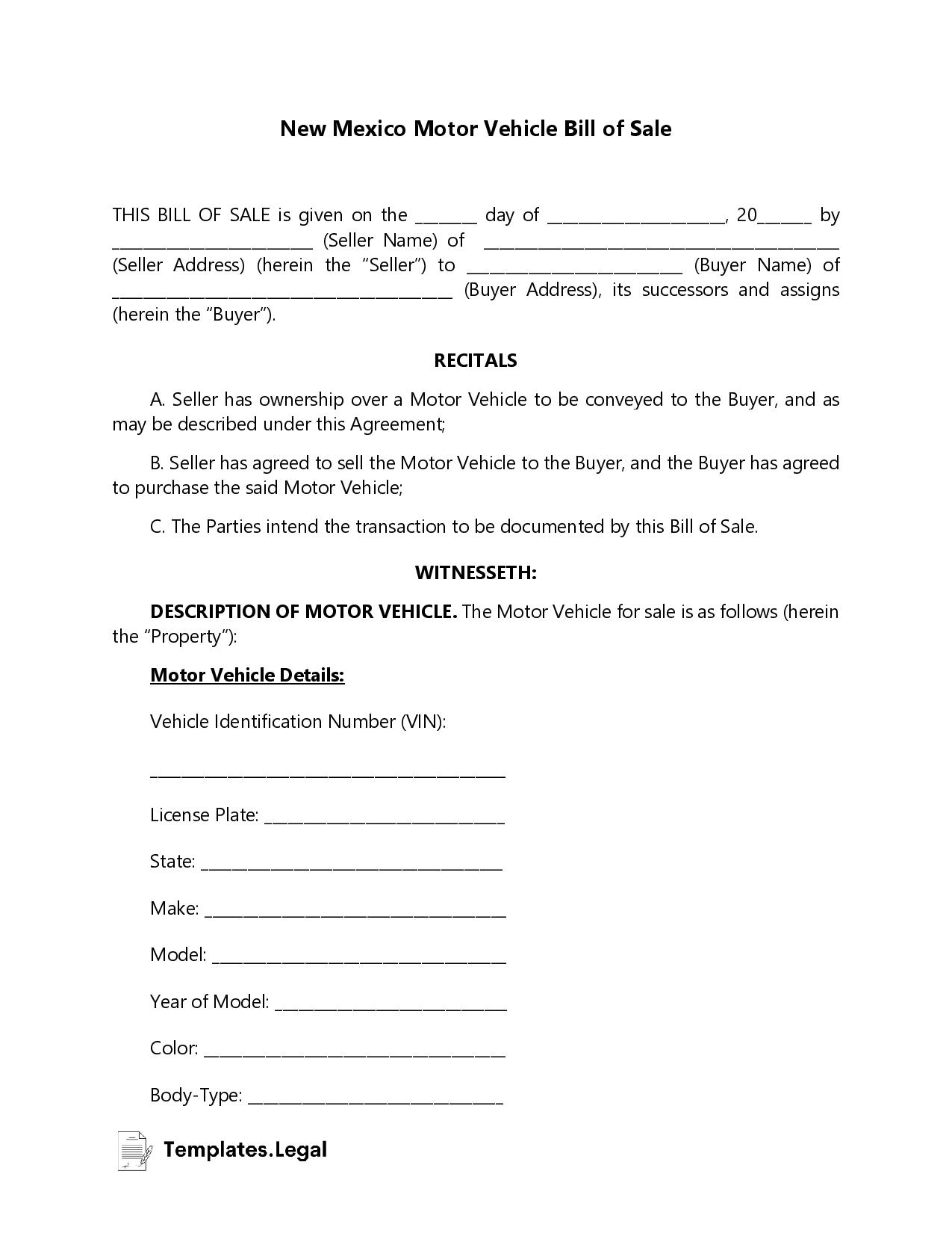 New Mexico Motor Vehicle Bill of Sale - Templates.Legal