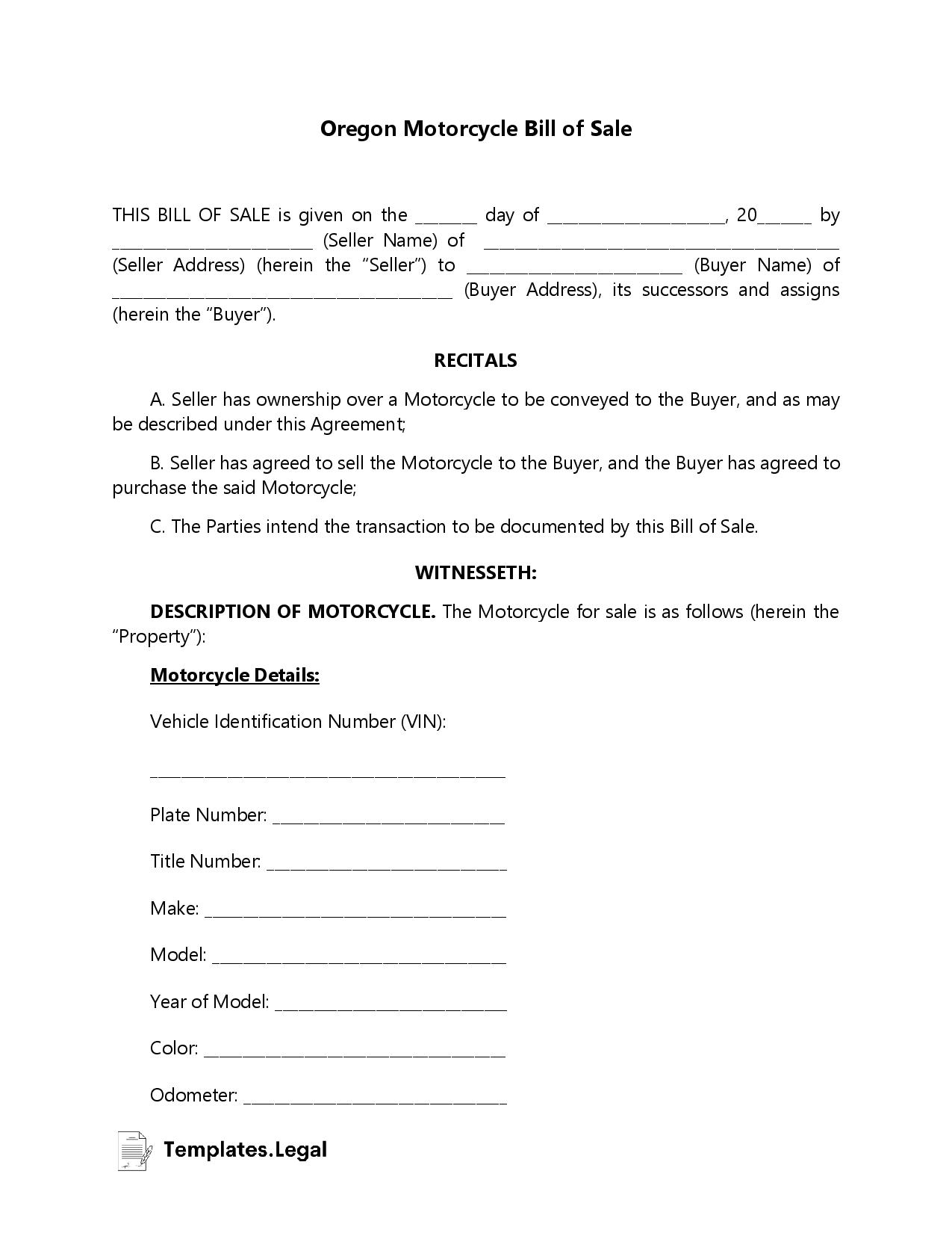 Oregon Motorcycle Bill of Sale - Templates.Legal