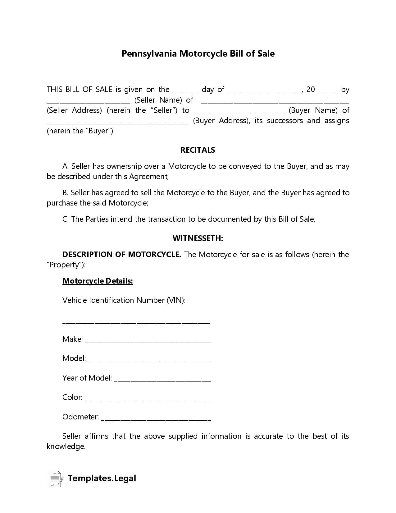 Pennsylvania Motorcycle Bill of Sale - Templates.Legal