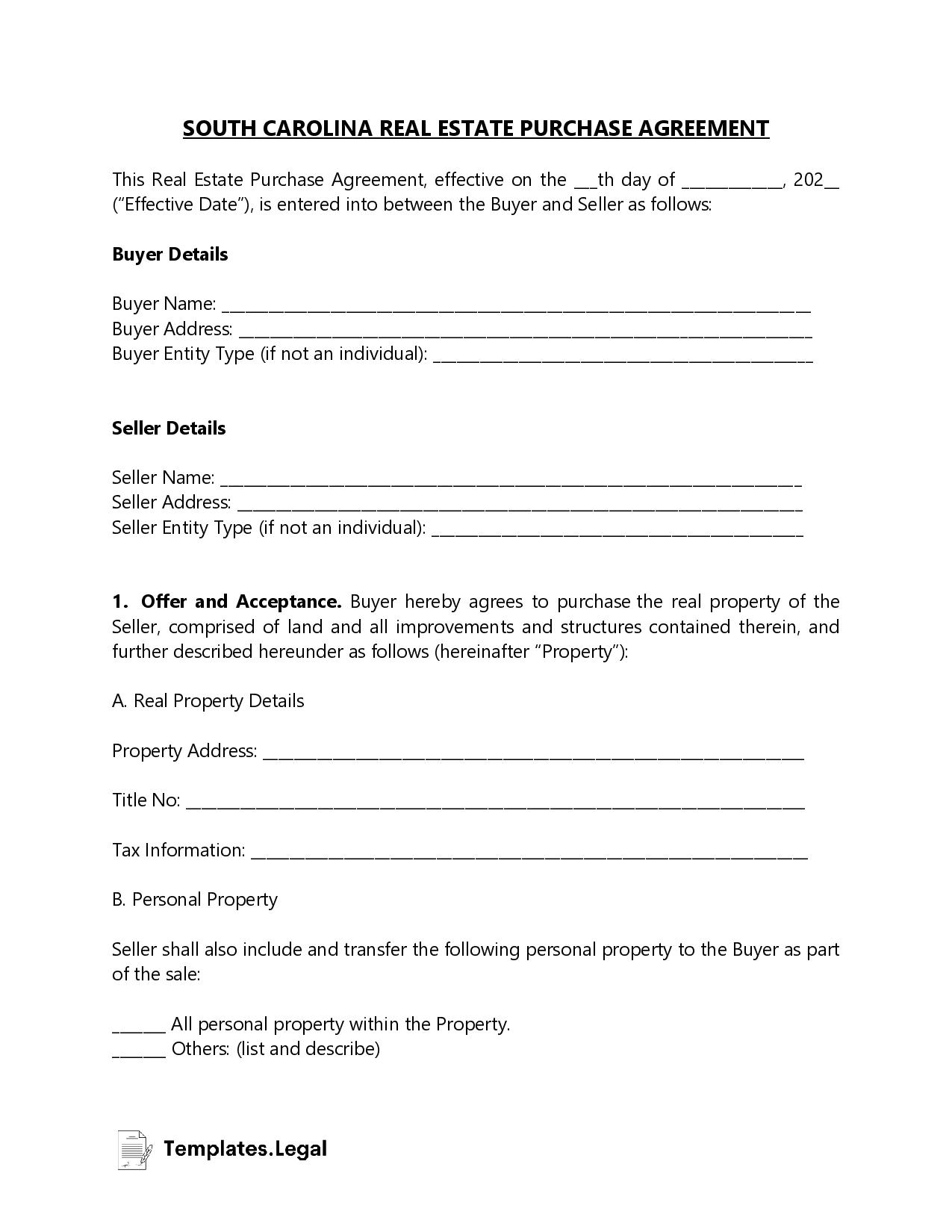 South Carolina Real Estate Purchase Agreement - Templates.Legal