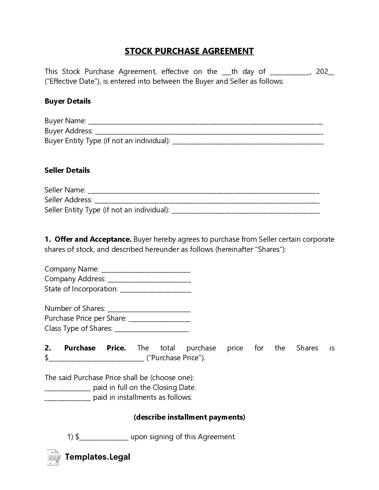 Stock Purchase Agreement Templates (Free) [Word, PDF, ODT]