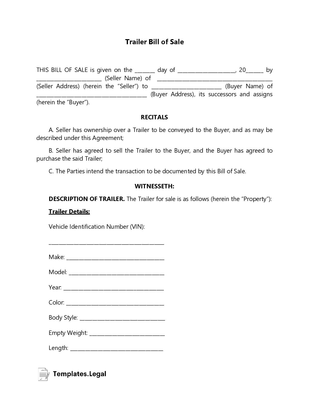 Bill Of Sale Template For Trailer In Texas