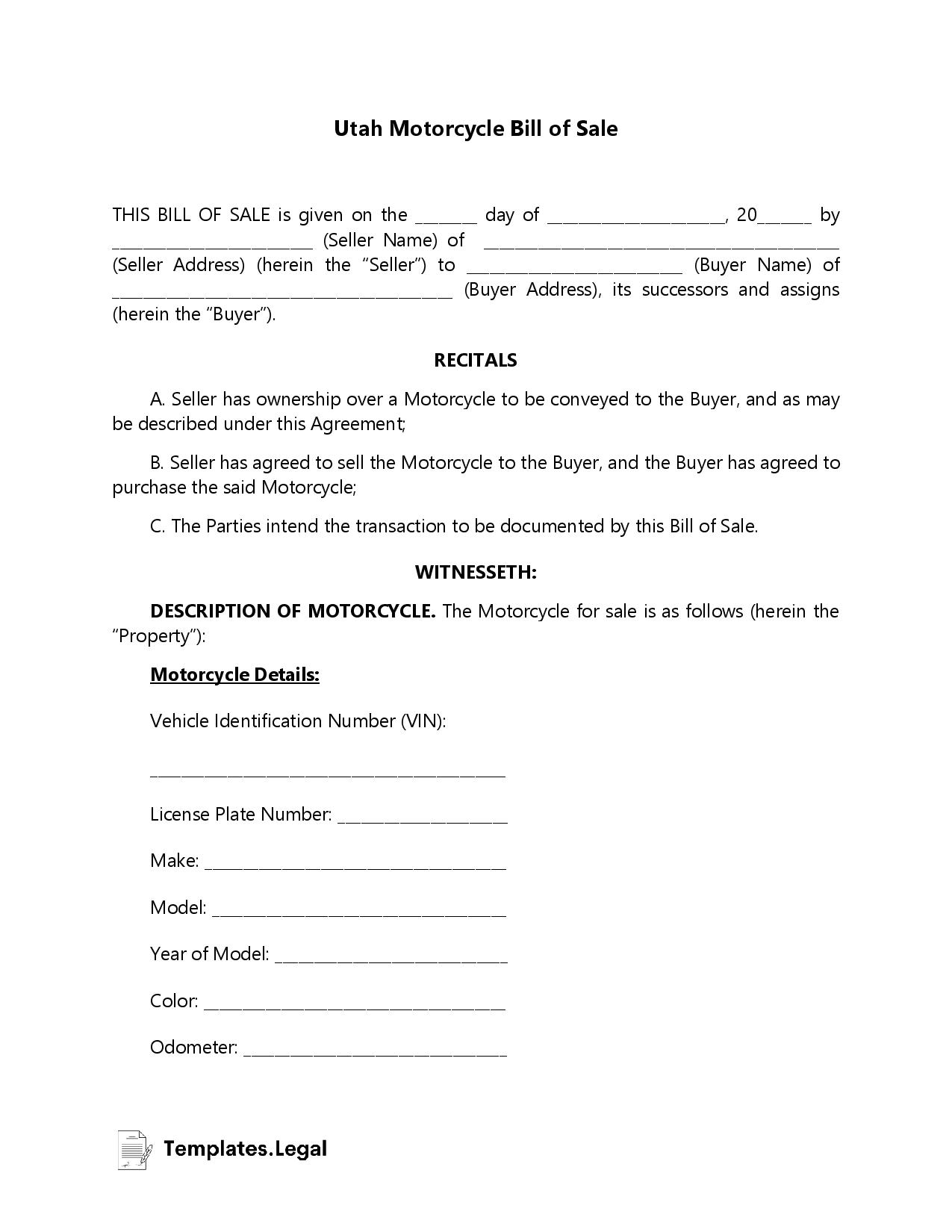 Utah Motorcycle Bill of Sale - Templates.Legal