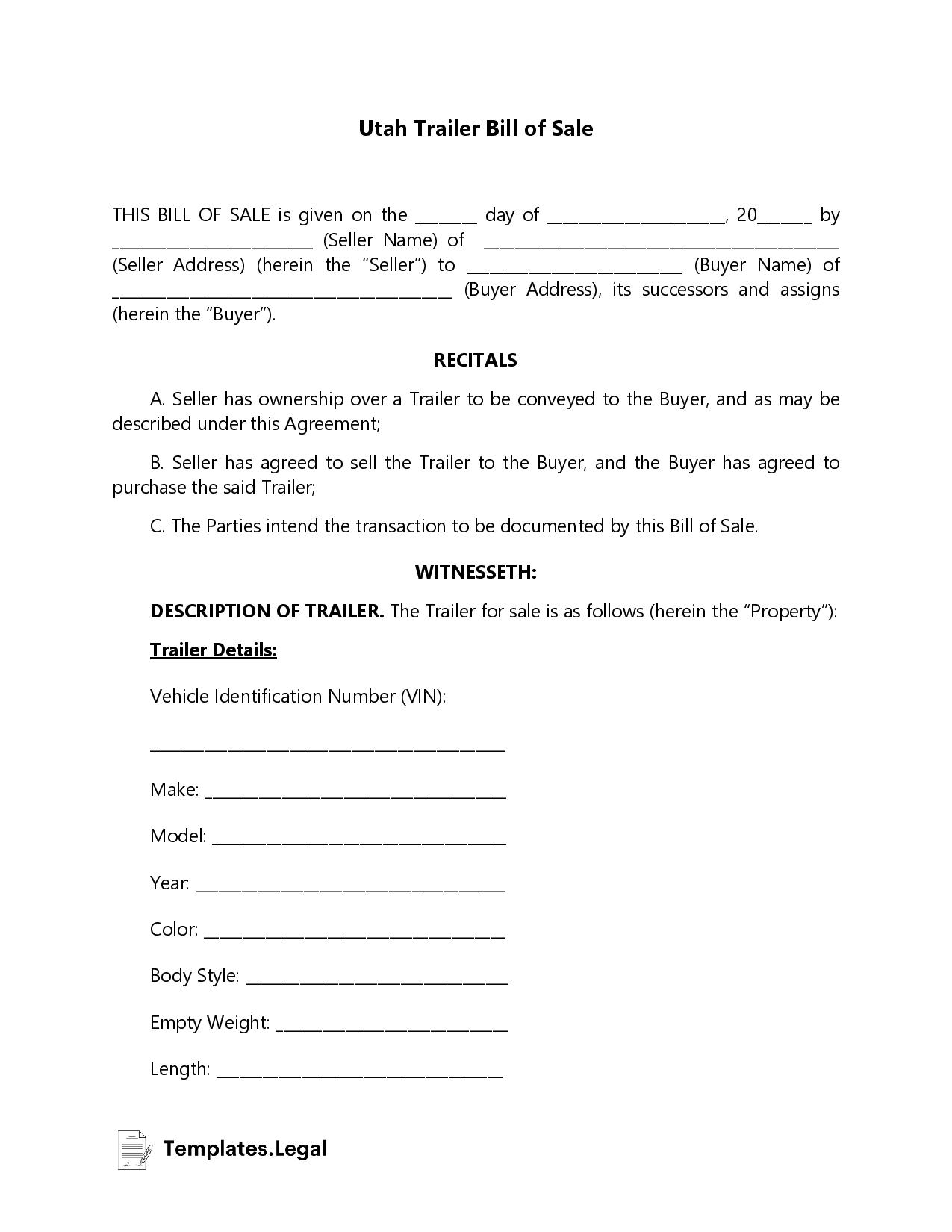 Utah Trailer Bill of Sale - Templates.Legal