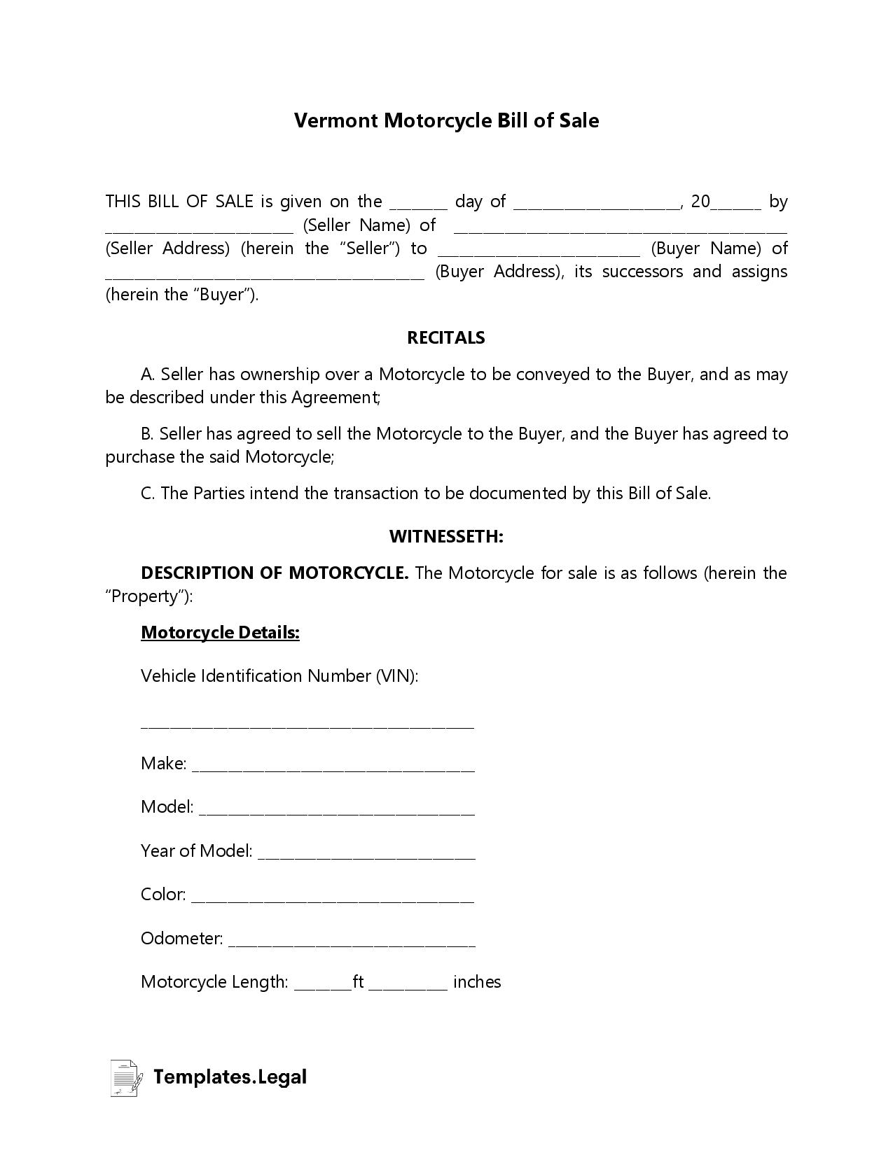 Vermont Motorcycle Bill of Sale - Templates.Legal